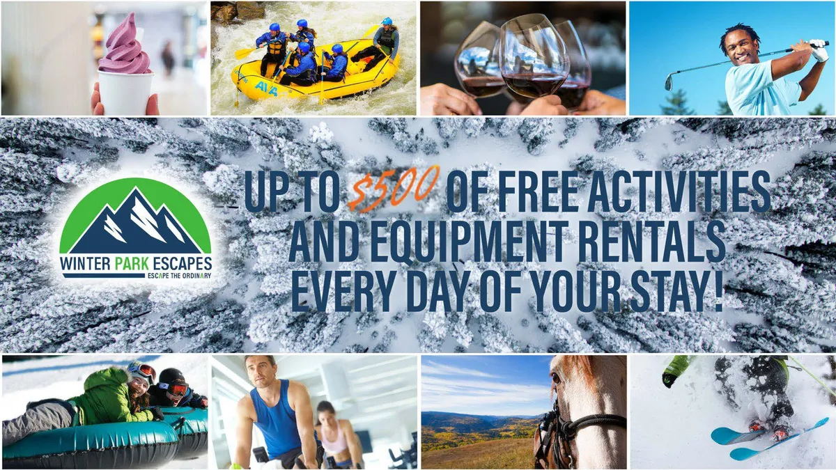 A lively exterior montage featuring adventurous activities such as rafting, snow sports, horseback riding, mountain vistas, and après-adventure relaxation with wine. The image is vibrant, showcasing exhilarating moments like white water rafting, skiing, and horseback rides, all set against a backdrop of Colorado’s breathtaking mountain scenery.