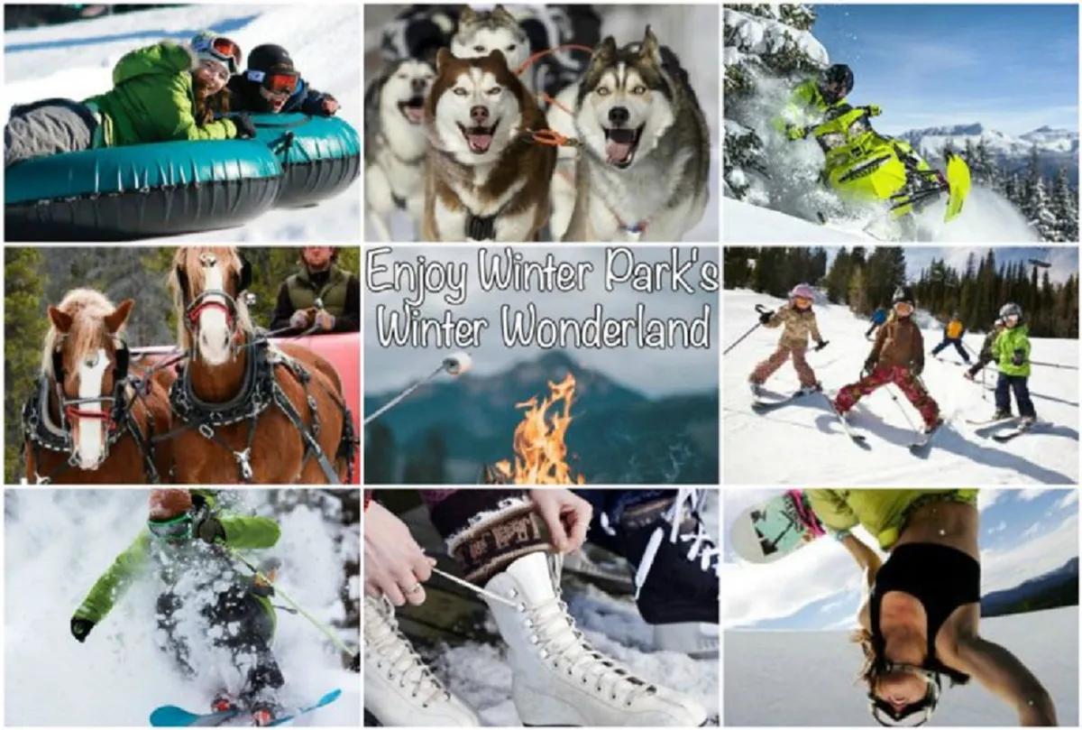 A vibrant winter scene teeming with families enjoying a variety of snow activities: people are tubing down snowy hills, huskies pull dog sleds, snowboarders and children on skis navigate the slopes, and there's a fireside gathering. The landscape is blanketed in snow, and ice skates can be seen nearby, evoking a sense of playful winter adventure and community fun.
