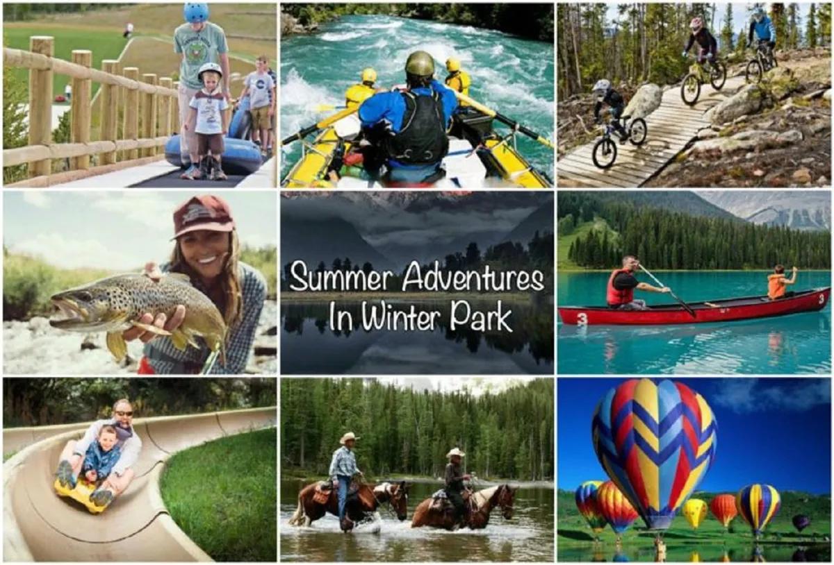 A lively summertime scene where families participate in outdoor adventures: kids laugh as they bike along scenic trails, kayakers paddle on a sparkling lake, groups raft on a river, and hot air balloons float overhead. A playground and families fishing by the river complete the picture of endless warm-weather fun.
