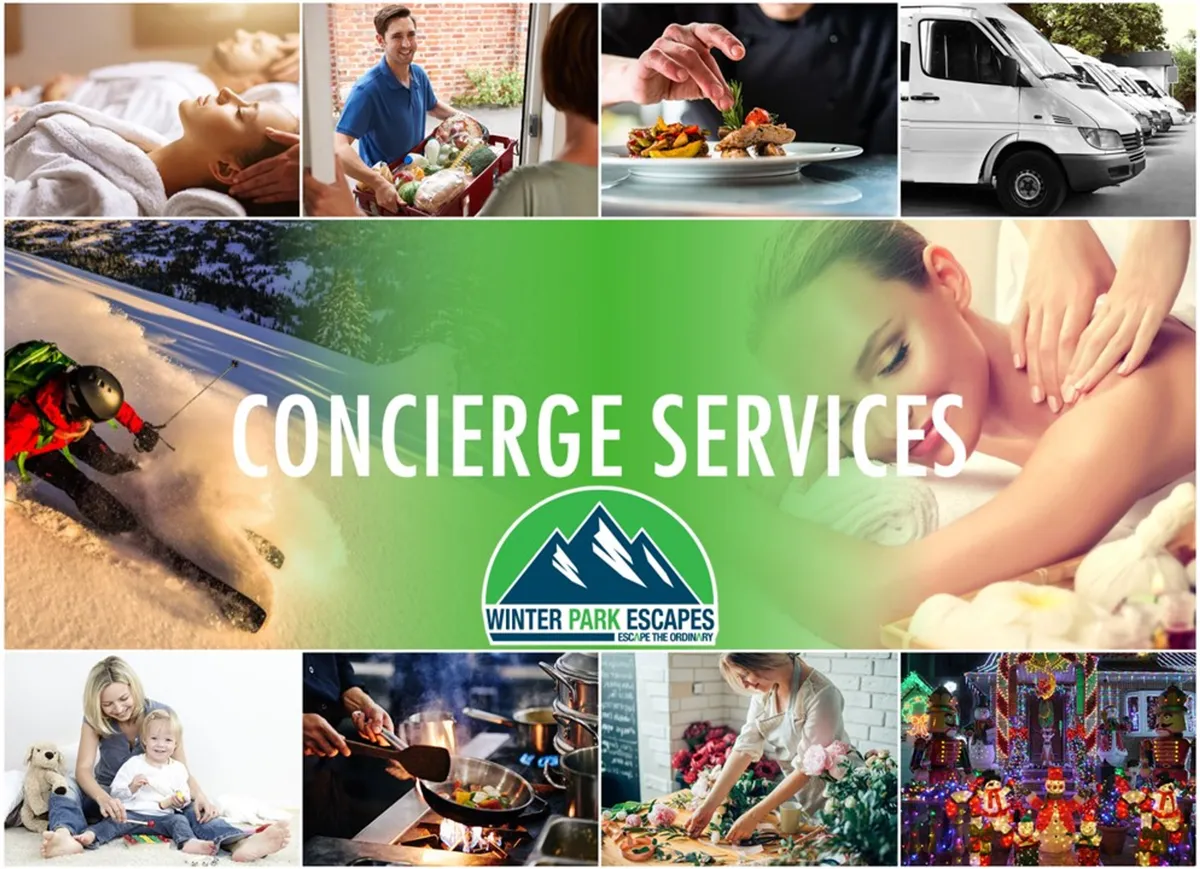A vibrant collage of concierge experiences, including gourmet food delivery, in-room spa treatments, winter sports, and family activities. The image suggests a dynamic range of premium services and personalized adventures.